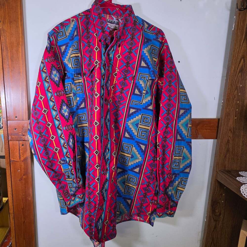 Plainsman Vintage Long Sleeve Southwestern Aztec Print Western Shirt